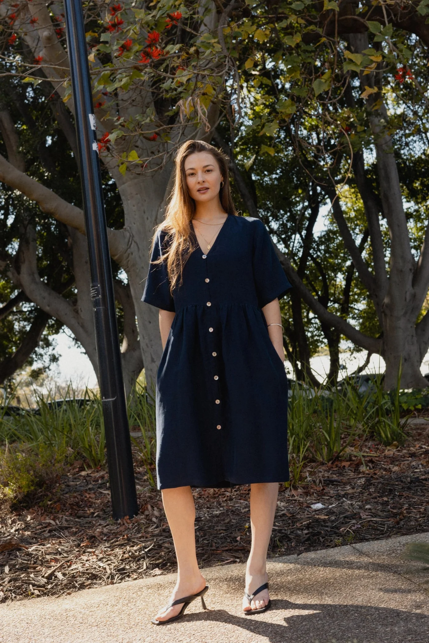 Button Front V Neck Dress | Navy - Barbeachs