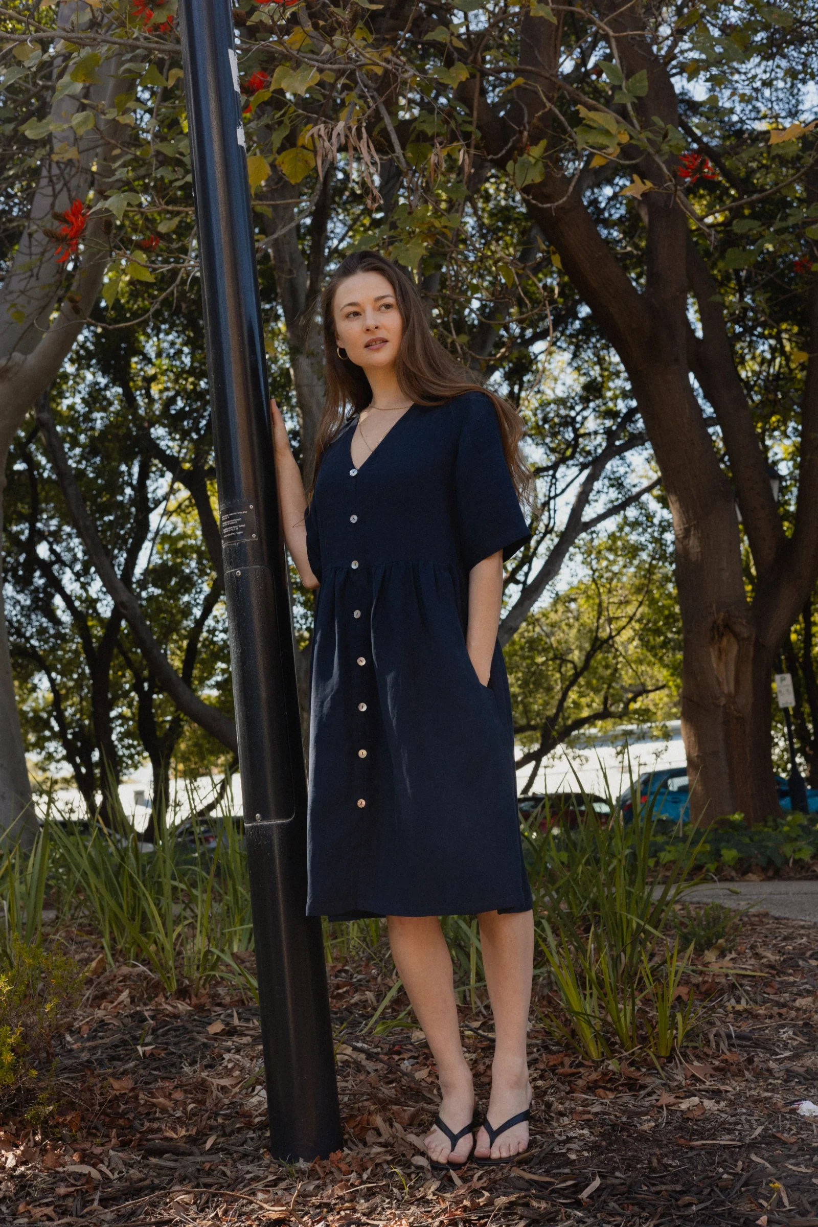 Button Front V Neck Dress | Navy - Barbeachs